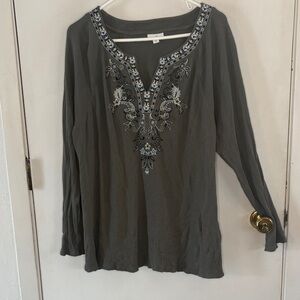 J Jill Sage green long sleeve embroidered waffle knit tunic top Size XL